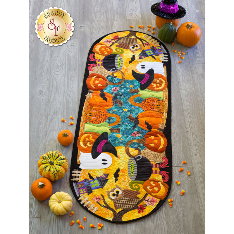 Charming Halloween pumpkin patch with owls, ghosts, and a large full moon.