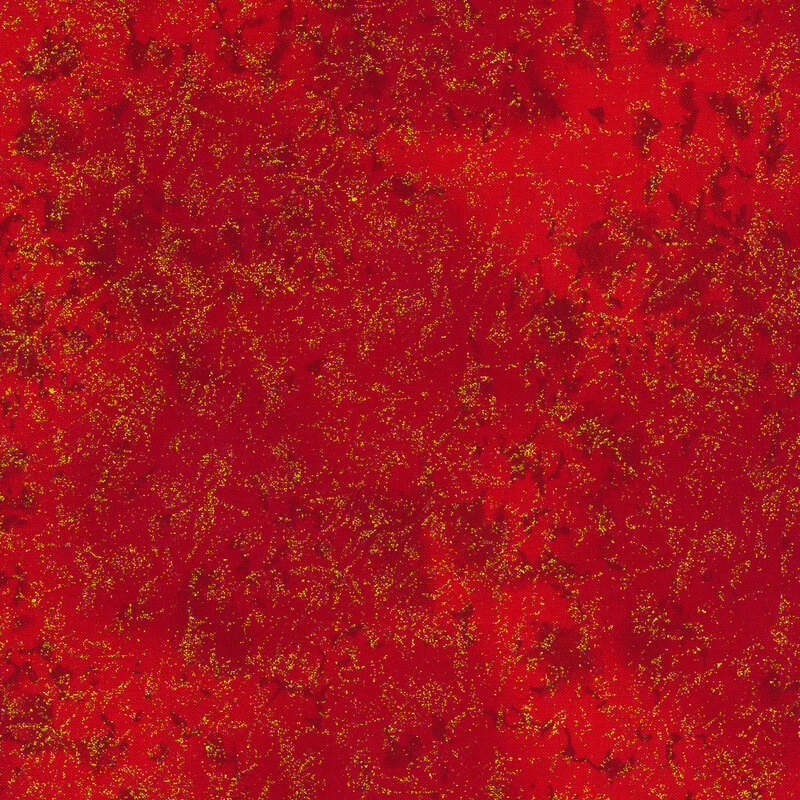 Tonal red fabric features mottled design with gold glitter accents | Shabby Fabrics