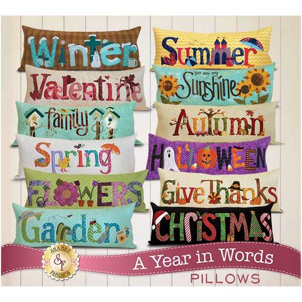 An image showing the Set of 12 A Year In Words seasonal pillow patterns.