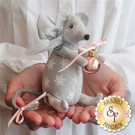 Maya Mouse Petite Pattern cover showing the finished stuffed mouse holding an ornament.