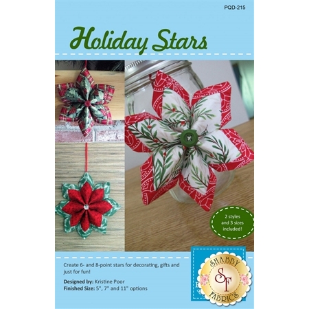 The front cover of the Holiday Stars Pattern showing the finished project in three different sets of fabric.