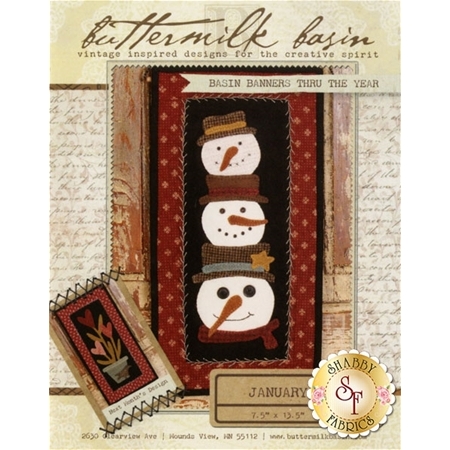 Basin Banners Thru The Year - January Pattern showing the finished wall hanging with three stacked snowman heads with hats.