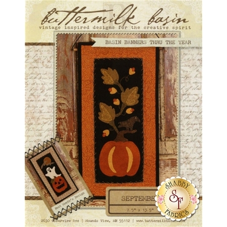 Basin Banners Thru The Year - September Pattern front cover showing the finished wall hanging with a pumpkin and pumpkin vine.