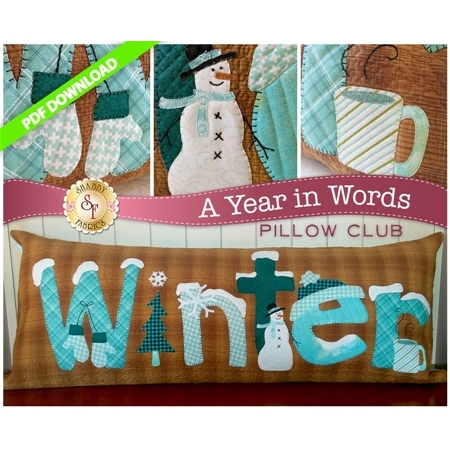 PDF Pattern for January A Year In Words pillow reading Winter with snowmen and mittens on brown.