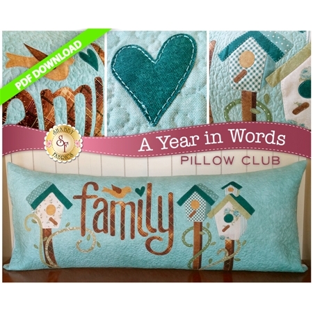 PDF Pattern for March A Year In Words pillow reading Family with white birdhouses on aqua fabric.