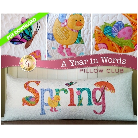 PDF Pattern for April A Year In Words pillow reading Spring with yellow chick on white fabric.