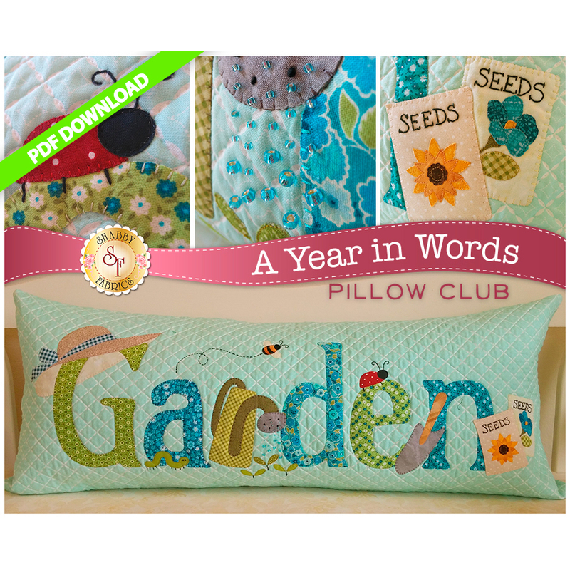 PDF Pattern for June A Year In Words pillow reading Garden with gardening tools on blue fabric.