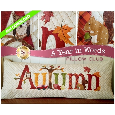 PDF pattern for September A Year In Words pillow reading Autumn with owl, squirrel, leaves.