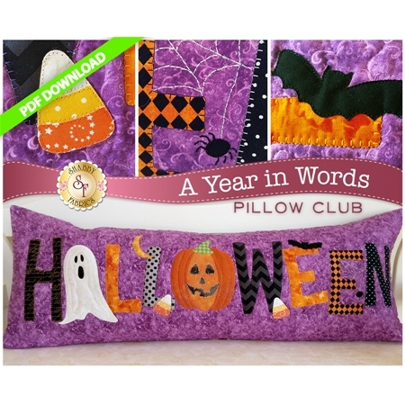 PDF Pattern for October A Year In Words pillow reading Halloween with spooky motifs on purple fabric.