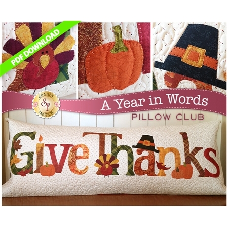 PDF Pattern for November A Year In Words pillow reading Give Thanks with turkey and Pilgrim hat.