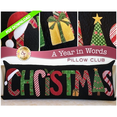 PDF Pattern for December A Year In Words pillow reading Christmas with red and green plaid letters.