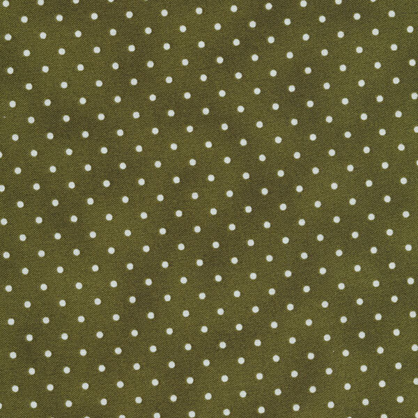 Fabric features tiny cream polka dots on mottled dark olive green | Shabby Fabrics