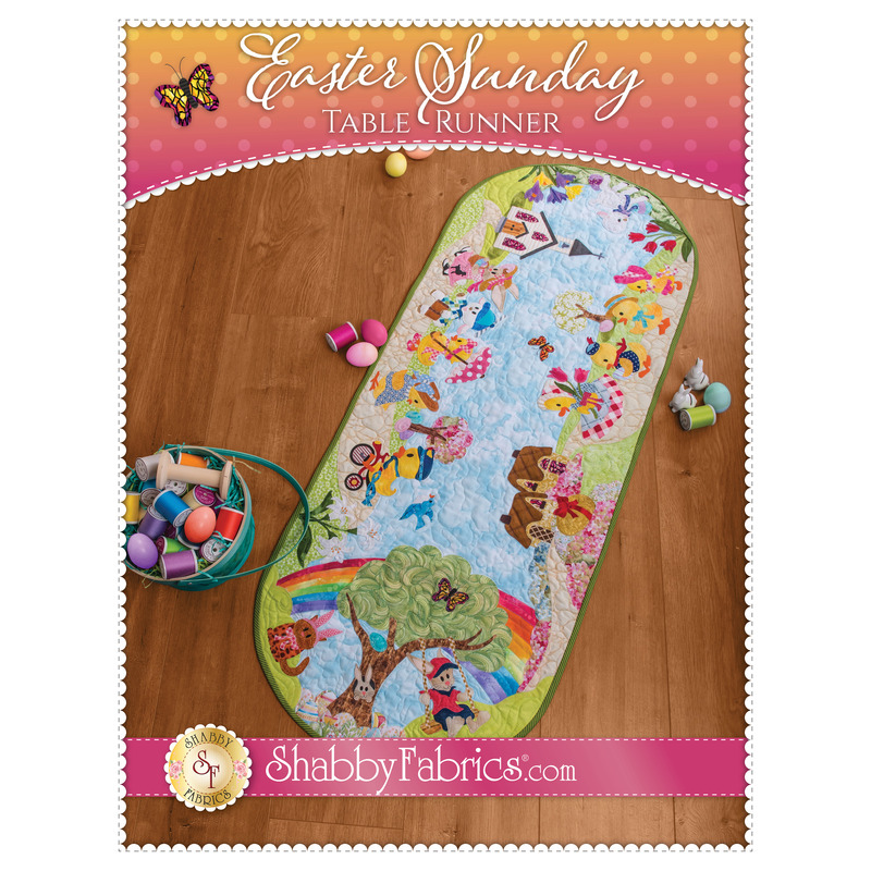 The front of the Easter Sunday Table Runner pattern by Shabby Fabricsshowing the finished runner with tons of adorable applique.