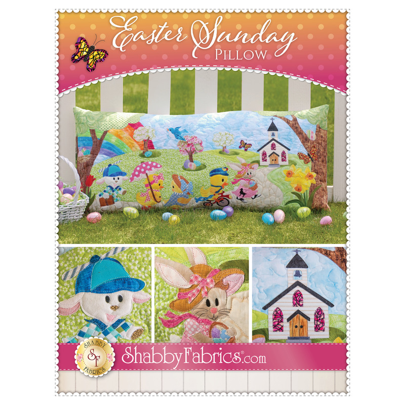 The front of the Easter Sunday Pillow Pattern by Shabby Fabrics showing the finished pillow with three close-up photos of appliqué details.