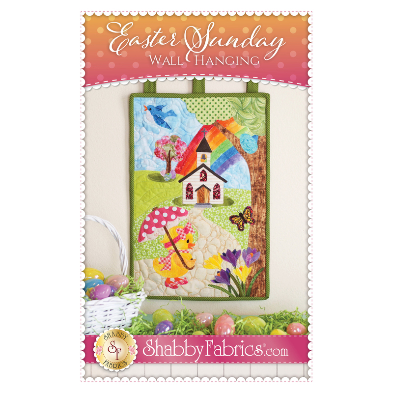 The front of the Easter Sunday Wall Hanging pattern by Shabby Fabrics showing the finished wall hanging with a cute duck on her way to church.