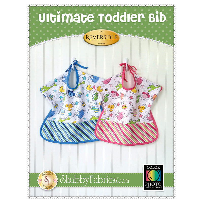 pattern front featuring one blue print bib and one pink bib on a white background