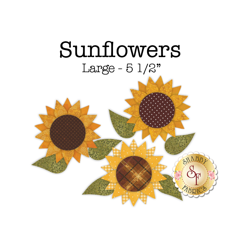 3 yellow sunflower applique shapes with large brown patterned centers.