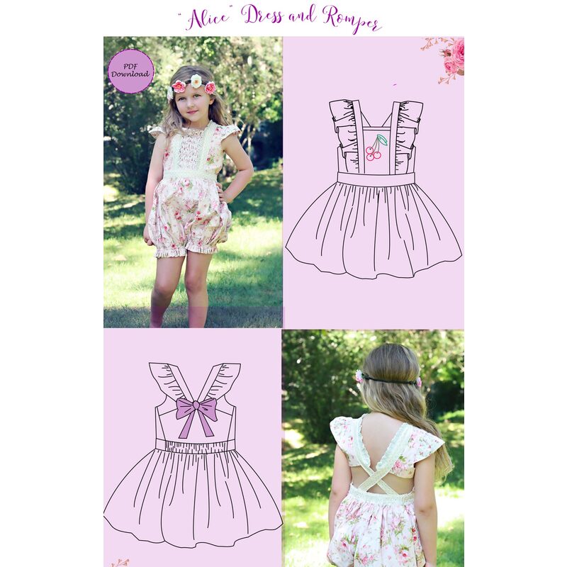 The front cover for the Alice Dress & Romper showing a little girl wearing the finished outfit with images of both the front and back, as well has hand drawn images of the front & back of the finished outfit.