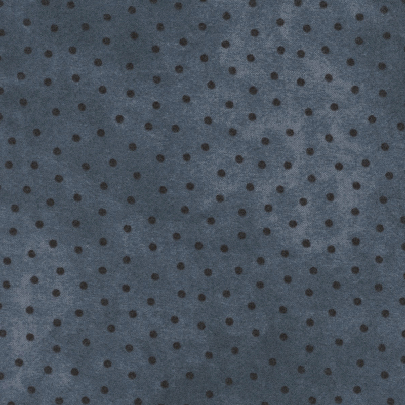 muted blue mottled flannel fabric with black polka dots