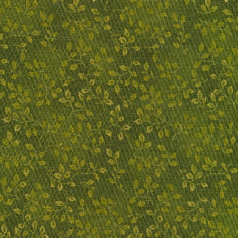 Mottled dark olive green tonal fabric features tiny vines pattern | Shabby Fabrics