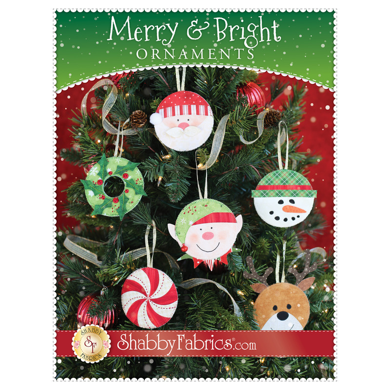 The front of the Merry & Bright Ornaments pattern by Shabby Fabrics showing the 6 finished ornaments.