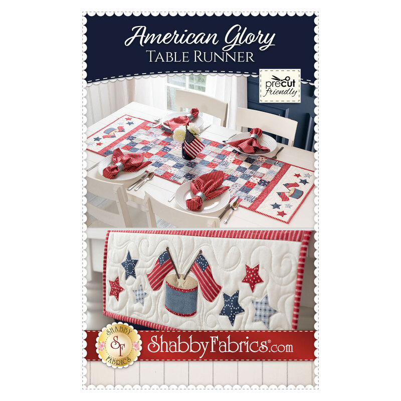 Front cover of American Glory Table Runner pattern by Shabby Fabrics featuring the finished table runner with a patchwork center and appliquéd sections at each end