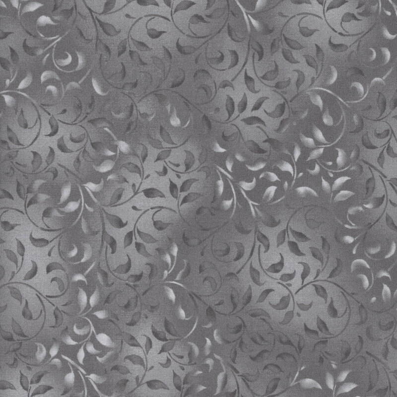 gray fabric featuring a mottled leafy vine design