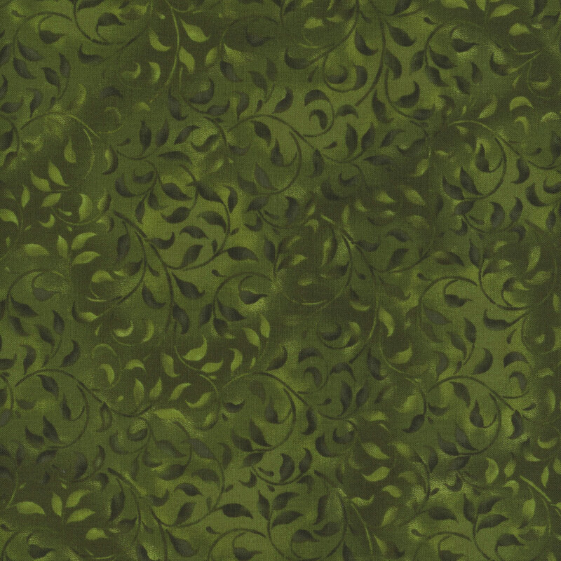 olive green fabric featuring a mottled leafy vine design