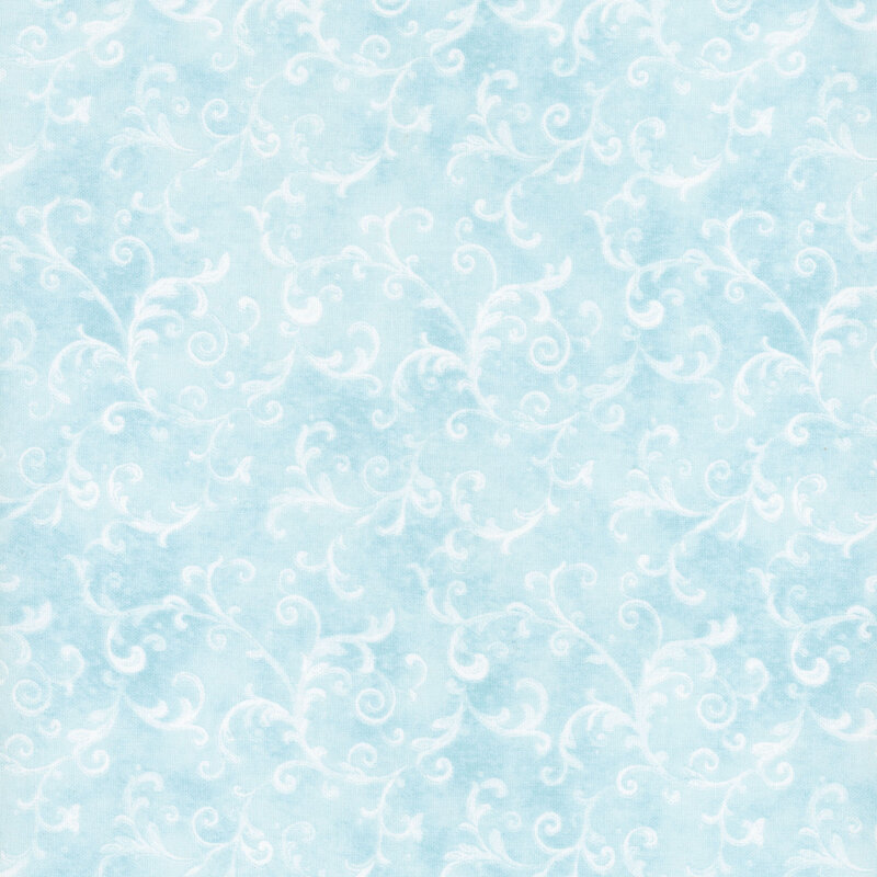 sky blue fabric with sprawling scroll designs