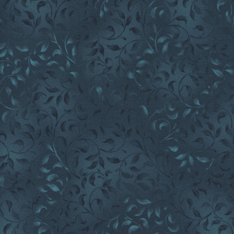 navy fabric featuring a mottled leafy vine design