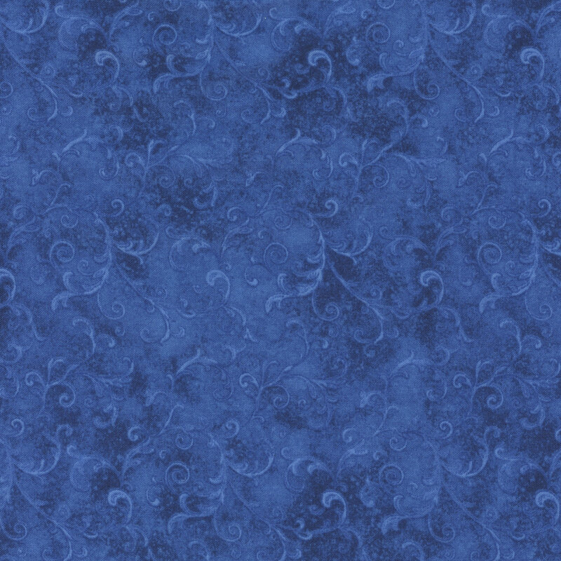 royal blue fabric with sprawling scroll designs