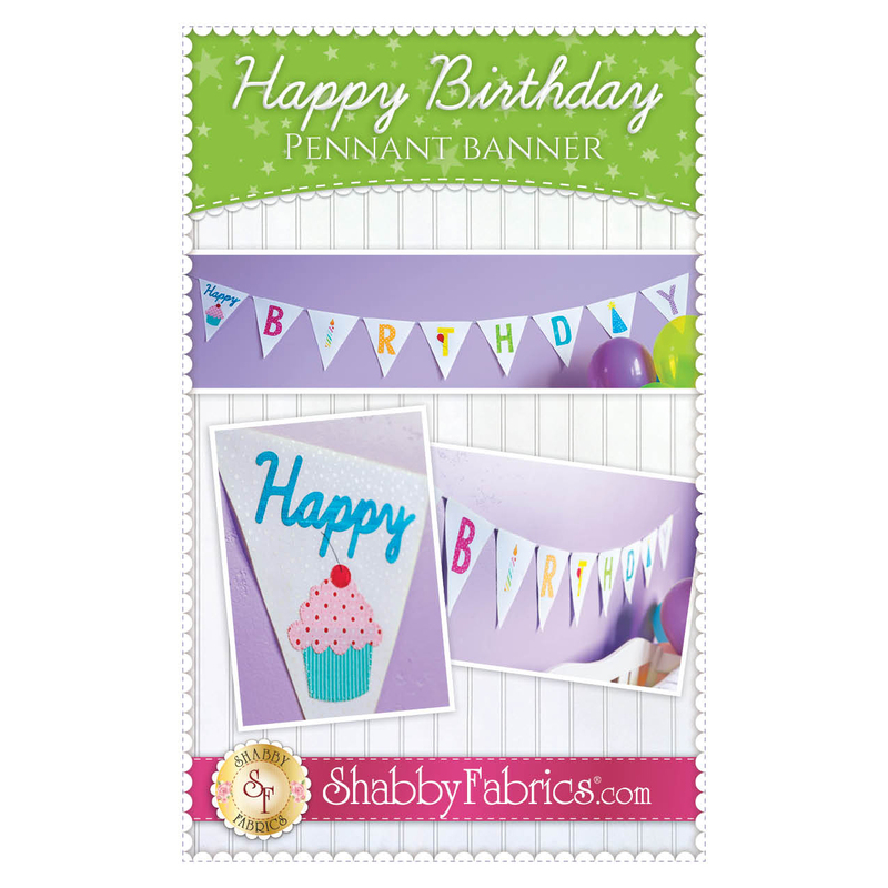 The front of the Happy Birthday Pennant Banner pattern by Shabby Fabrics showing the finished banner