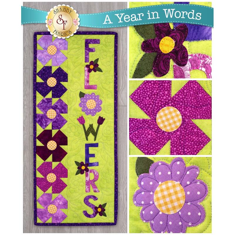 Pattern for Kit for A Year In Words Wall Hangings May reading Flowers with purple flower pinwheels.