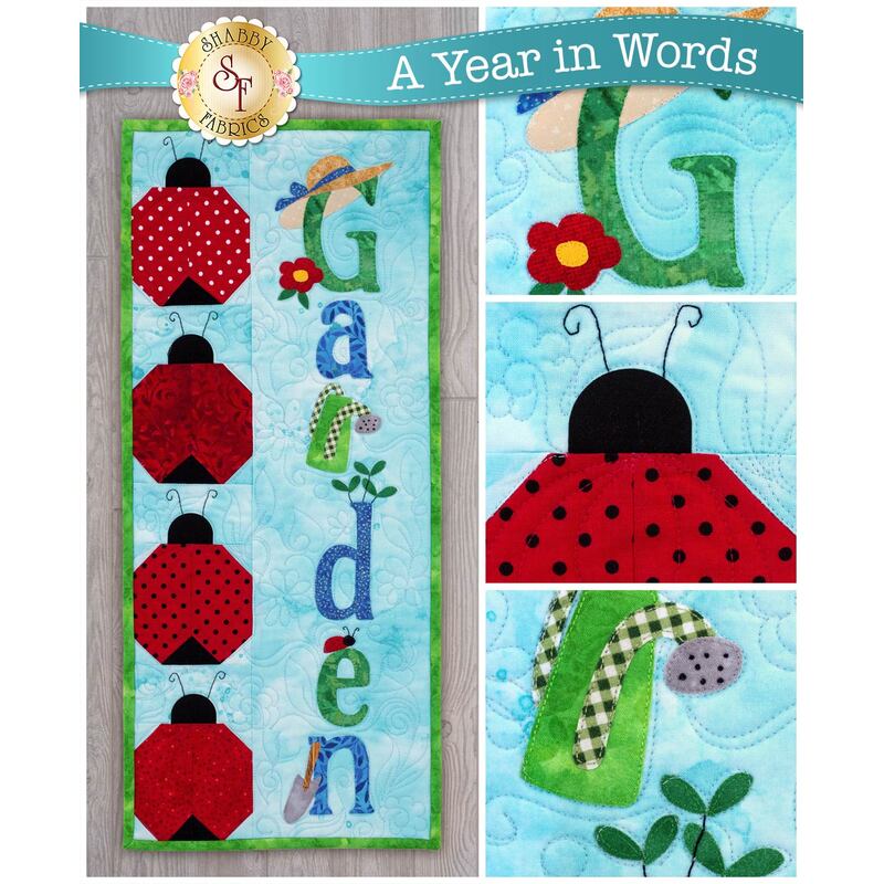 Pattern for A Year In Words Wall Hangings June reading Garden with ladybug blocks on blue.