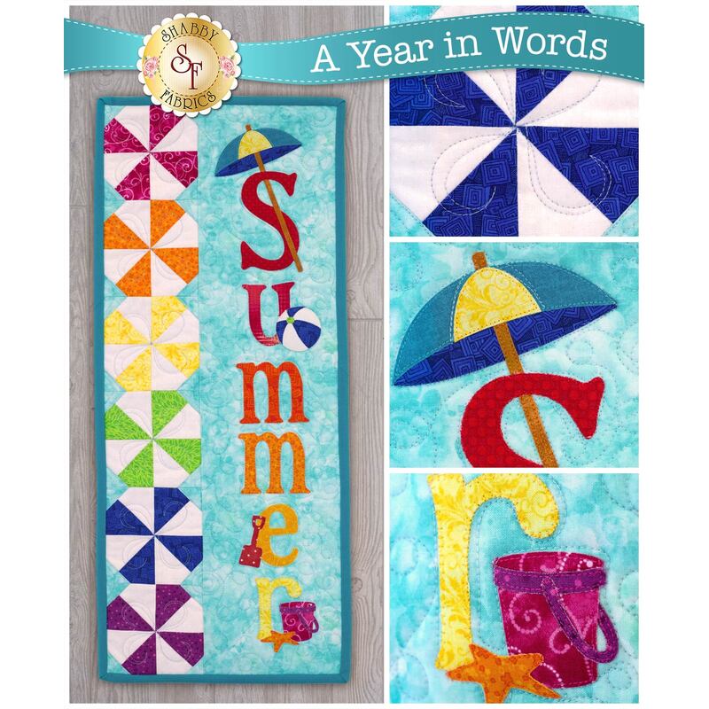 Pattern for A Year In Words Wall Hangings July reading Summer with beach ball blocks on blue.