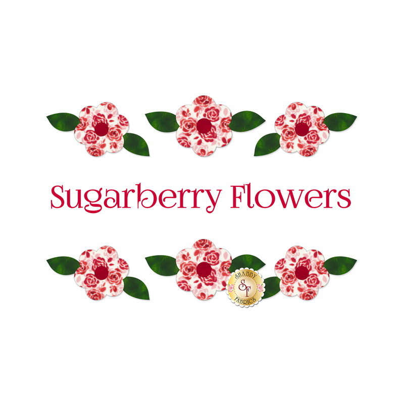 6 applique pink and white flower shapes, 6 applique dots for flower centers, and 12 applique leaves.