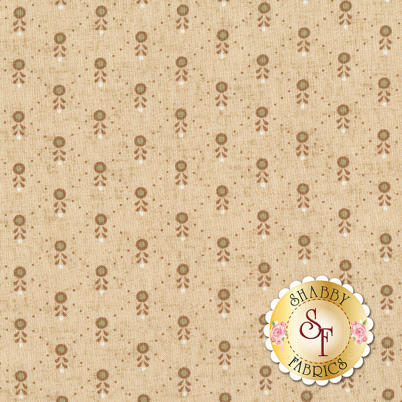Fabric features tiny brown and green geometric diamond pattern on tan | Shabby Fabrics