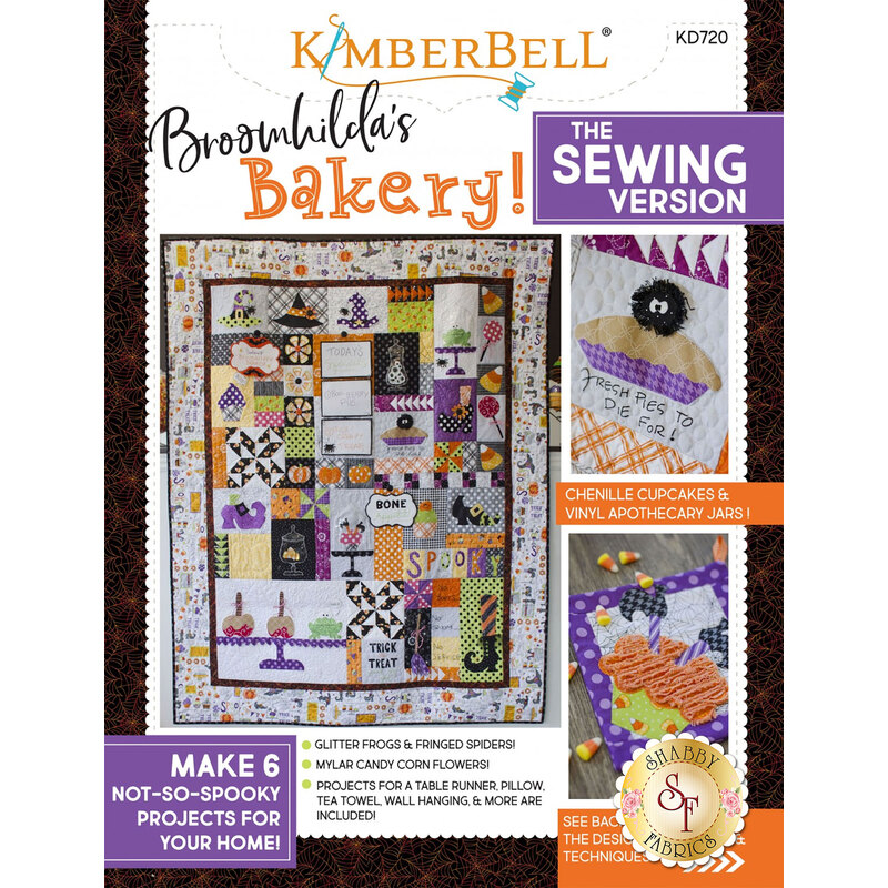 The front cover of the Broomhilda's Bakery! The Sewing Version Book showing a finished quilt, a table topper, and a close-up of applique.