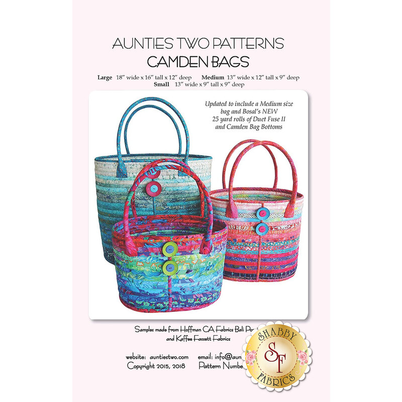 Front Cover of Camden Bags by Aunties Two Patterns featuring three different sized bags, made with multiple strips of fabric and coordinating handles.