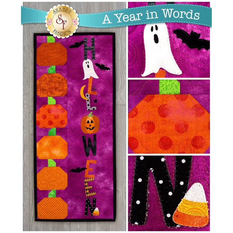Pattern for A Year In Words Wall Hangings October reading Halloween with spooky motifs.