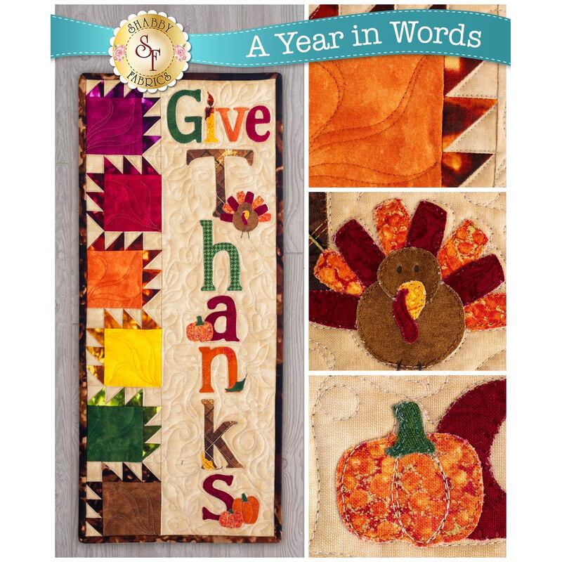 Pattern for A Year In Words Wall Hanging Kit November reading Give Thanks with autumn leaf blocks.
