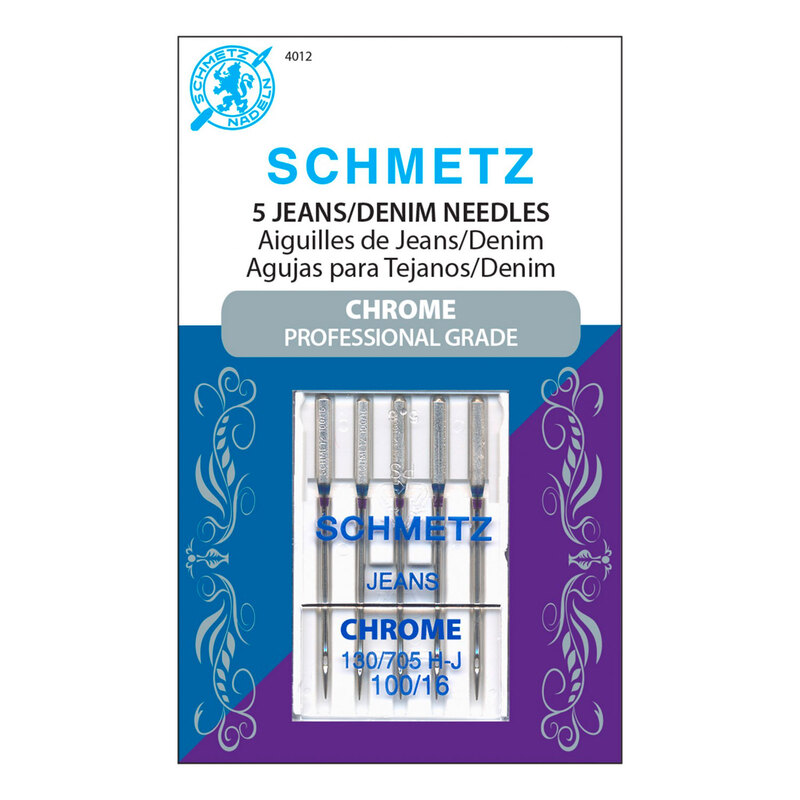 A 5 pack of Schmetz Chrome Jeans/Denim Needles in size 100/16