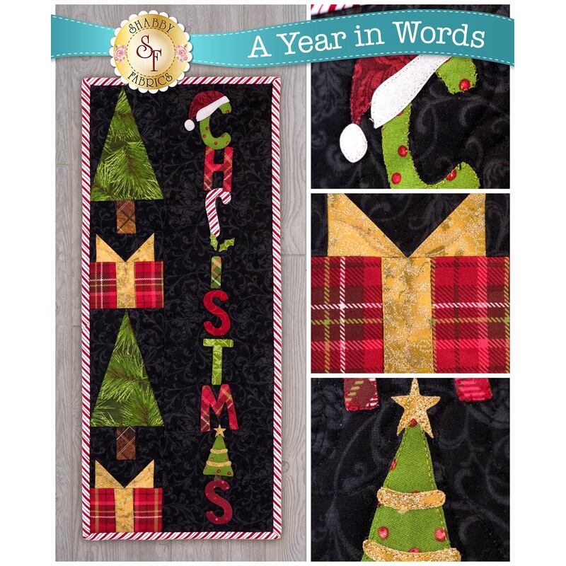 Pattern for A Year In Words Wall Hanging December reading Christmas with Christmas tree on black.