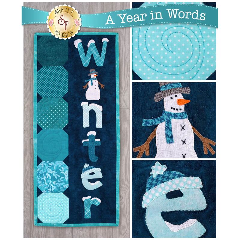 Pattern for A Year In Words Wall Hanging January reading Winter with snowman on dark blue.