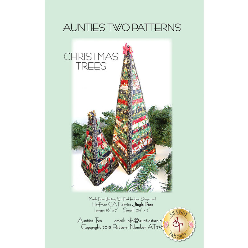 Front cover of the Christmas Trees Pattern by Aunties Two featuring two sizes of the stripped, 3D fabric christmas tree.