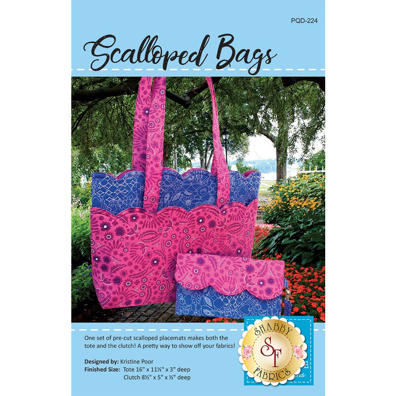 The front cover of the Scalloped Bags Pattern showing the finished bag with matching clutch.