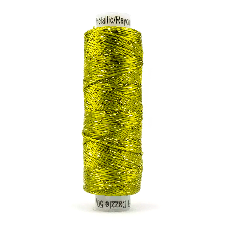 A spool of the WonderFil Dazzle 4120 - Golden Oliver thread on a white background