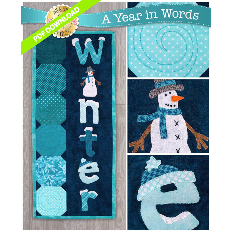 PDF Pattern for A Year In Words Wall Hanging January reading Winter with snowman on dark blue.