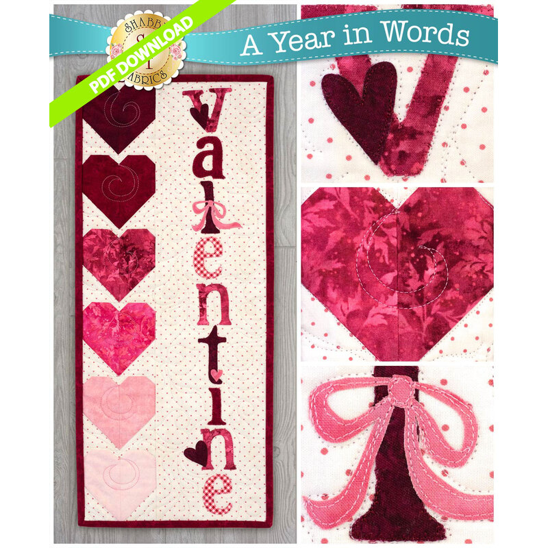 PDF Pattern for A Year In Words Wall Hangings February featuring heart blocks in red and pink.