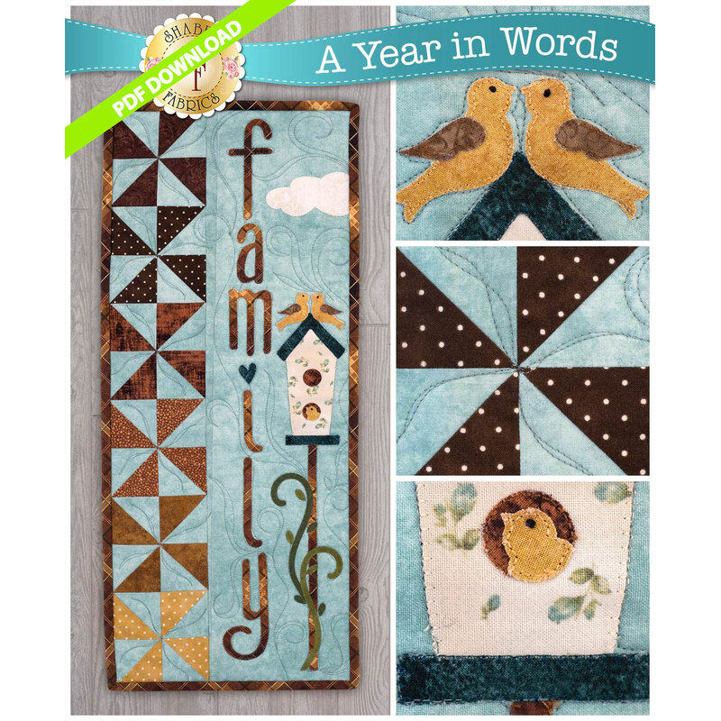 PDF Pattern for A Year In Words Wall Hangings March reading Family with birds on a birdhouse.